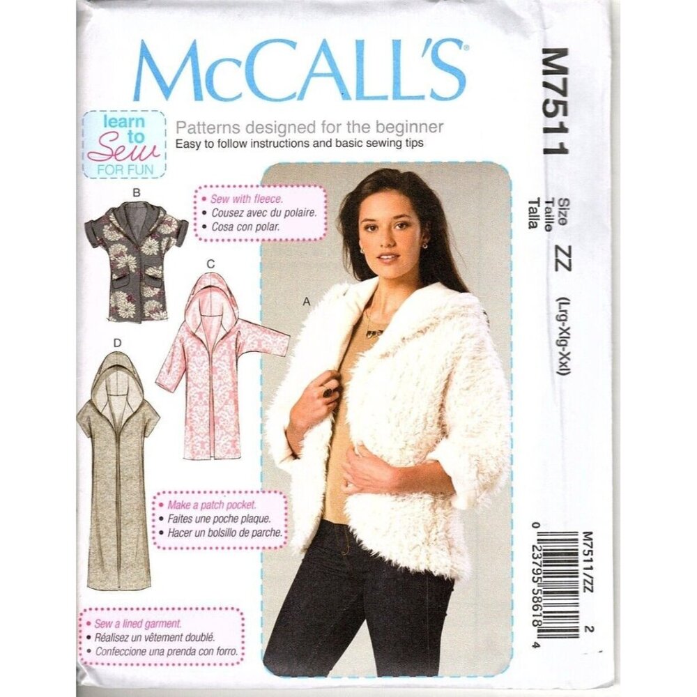 McCall's M7511 Misses L to XXL Hooded Fleece Jackets Uncut Sewing Pattern